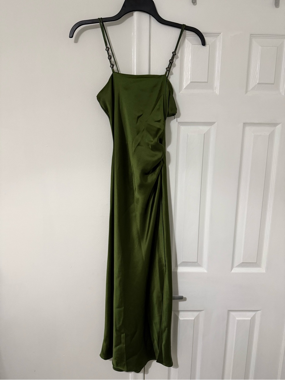 Zara Olive Green Satin Slip Maxi Dress with Decorative Straps